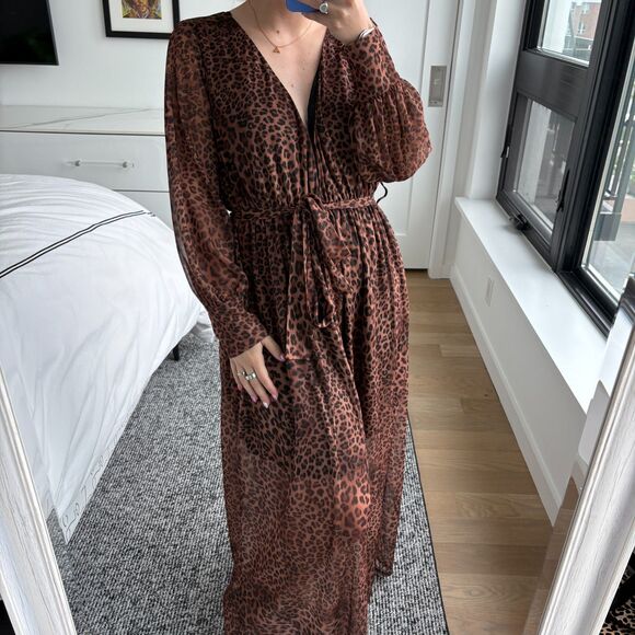 Asos Design Long Sleeve Deep V-Neck Leopard Maxi Dress with Belt Brown Size 6 - Picture 1 of 8
